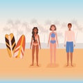 Girls and boy cartoons with swimsuit at the beach with surfboards vector design