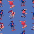 Girls and boy jumping on skateboard flat vector seamless pattern. Isolated young skateboarders texture. Teenagers having