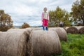 Girls Boy Standing Farm Bales Royalty Free Stock Photo
