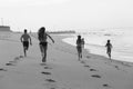 Girls Boy Running Beach Black White Royalty Free Stock Photo