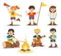 Girls and boys in camping costume.  Kids playing guitar around the campfire and Roasting marshmallows on campfire Royalty Free Stock Photo