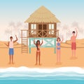 Girls and boys cartoons with swimsuit at the beach with hut vector design