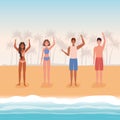 Girls and boys cartoons with swimsuit at the beach with palm trees vector design