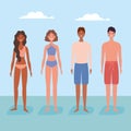 Girls and boys cartoons with swimsuit and clouds vector design