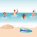 Girls and boys cartoons with swimsuit in the sea in front of the beach with surfboard vector design