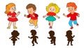 Girls and boys jump around playing hopscotch. Guess the shadow game. Silhouettes of jumping children. Vector