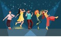 Young people dance on stage or in a music show on television. Singing and dancing with microphones artists. Vector illustration of