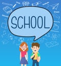 Girls and boys pupils with school on speakbubble. Royalty Free Stock Photo