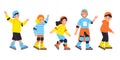 Girls and boys ride on roller skates. Kids enjoying summer vacation season together. Vector illustration in flat style.