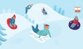 Girls and Boys Sledding on Ski Resort. Children Characters Having Fun on Winter Holidays. Happy People Playing Outdoors