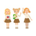Girls In Brown Skirts Happy Schoolkids In Similar Collection School Uniforms Standing And Smiling Cartoon Character Royalty Free Stock Photo