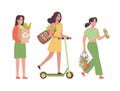 Girls buy organic products. Illustration of happy girls who bring home healthy products, vegetables, greens. Ecological