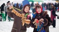 Girls celebrating Shrovetide at Russia Royalty Free Stock Photo