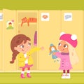 Girls changing clothes at lockers in kindergarten. Little kids with doll putting on coat in winter vector illustration