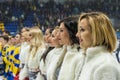 Girls cheerleaders from the team Red Foxes for the match Ukraine vs Romania