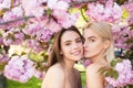 Girls in in cherry sakura blossoms flowers. Outdoor closeup portrait of young beautiful sensual fashion girls posing Royalty Free Stock Photo