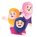 Girls children laughing have fun smile together female Islam wearing veil hijab