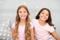 Girls children with long curly hair. Pajamas party concept. Girls just want to have fun. Girlish secrets honest and