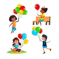 Girls Children Playing With Balloon Set Vector