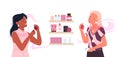 Girls choose fashion perfume on shopping vector illustration. Cartoon young female characters apply aroma fragrance