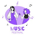 Girls in circular border vector illustration. Music festival, party, discotheque, event. Young females with headphones Royalty Free Stock Photo