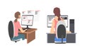Girls computer programmers writing computer software set cartoon vector illustration