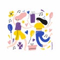 Girls dansing. Women have fun on party. Hand drawn colorful flat doodle vector illustration for banner poster postcard Royalty Free Stock Photo