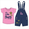 girls denim dungaree with t shirt be happy print vector