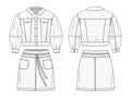 Girls Denim Jacket and Skirt fashion flat sketch template. Women\'s Crop Jacket and mini Skirt fashion design.