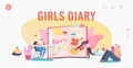 Girls Diary Landing Page Template. Tiny Female Characters Writing Memoirs in Notebook with Stickers. Teens with Notepads Royalty Free Stock Photo