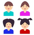 Girls with different hair style cartoon , Four girls faces cartoons in one page. Illustration, sticker for kids.