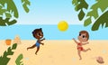 Girls of different nationalities play ball on a sunny beach in bathing suits. Cartoon flat style summer holiday and fun.