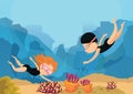 girls in diving masks swimming in sea or ocean and observing coral reef