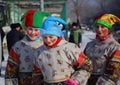 Girls dressed in traditional Russian clothes represent buffoons