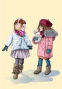 Girls dressed in warm clothes are walking on the street. Friends walk outside in cold weather