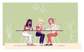 Girls drink coffee in cafe flat vector illustration. Young ladies enjoy tea, cheerful women discussing latest news