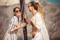 Girls enjoy the vacation on a yacht. Royalty Free Stock Photo