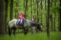 Girls enjoying horseback riding in the woods with mother, young pretty girls with blond curly hair on a horse, freedom Royalty Free Stock Photo