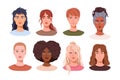 Girls face avatars set. Young women, head portraits. Pretty female characters, modern stylish haircuts. Diverse Royalty Free Stock Photo