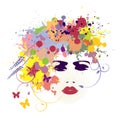 Girls face with flowers in her hair - vector illustration