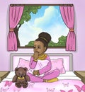 girls feel anxious sitting on the bed with dolls illustration