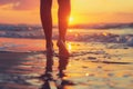Girls feet walking on beach at sunset. Generative AI. Royalty Free Stock Photo