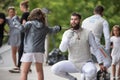 Girls fencing and practicing with sword