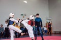 Girls fight in taekwondo