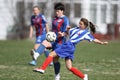 Girls fighting for ball during soccer game Royalty Free Stock Photo