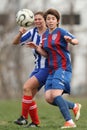Girls fighting for ball during soccer game Royalty Free Stock Photo