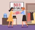 Girls are fighting over the bag. Woman in store are arguing during the sale. Discounts in boutique Royalty Free Stock Photo