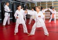 Girls fighting in pair to use new karate techniques during class Royalty Free Stock Photo