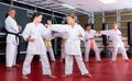 Girls fighting in pair to use new karate techniques during class Royalty Free Stock Photo