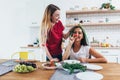 Girls fooling around in the kitchen playing with vegetables.